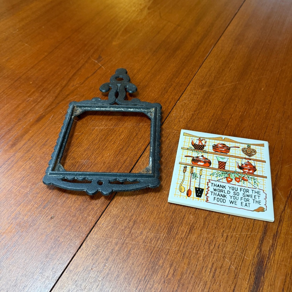 Vintage Cast Iron Ceramic Tile Trivet Japan Kitchen Prayer Blessing Hot Plate - Picture 4 of 5